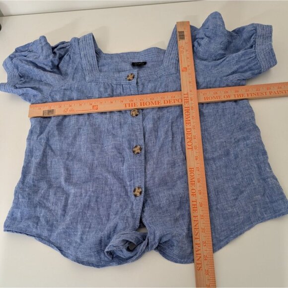 Talbots 100% Linen Shirt Womens Size Large Blue Tie Front Square Neck Coastal - Picture 9 of 11